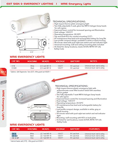 EMERGENCY LIGHT, THERMOPLASTIC EMERGENCY LIGHT, W. ADJ. MR16 LAMP HEADS, 90 MIN., 2X5.4W, 6V, SEALED LEAD ACID, WHITE WEATHERPROOF