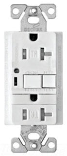 Cooper Wiring TRVGFNL20W GFCI Duplex Outlet, 20A 125V, 5-20R, 2P3W, Back, Side, Specification w/ Polycarbonate Bottom, Nylon/Thermoplastic Top - White